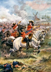 Marlborough liderando el ataque. Batalla de Blenheim (litografía en color)
