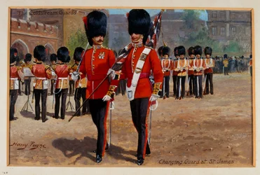 Los Guardias de Coldstream cambiando de guardia en St James, circa 1905