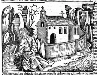 Un peregrino se detiene en un monasterio durante su viaje después de "Crónica de Núremberg" de Hartmann Schedel