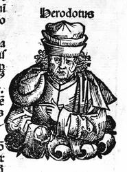 Retrato de Heródoto (484 a.C. - 425 a.C.), historiador griego. Xilografía de Hartmann Schedel "Crónicas de Núremberg"