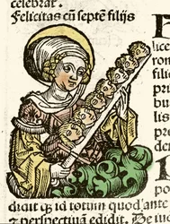 Representación de Santa Felicidad, martirio en Roma con las cabezas de sus siete hijos. xilografía de Hartmann Schedel “Crónicas de Núremberg” 1493.