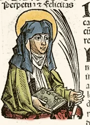 Representación de Santa Perpetua, martirio en Cartago. xilografía de Hartmann Schedel “Crónicas de Núremberg” 1493.