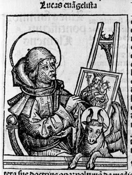 Representación del evangelista San Lucas. Grabado de "Liber chronicarum" (Crónicas de Núremberg) de Hartmann Schedel 1493