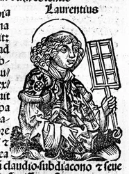 San Lorenzo sosteniendo en su mano la parrilla, instrumento de su martirio. Grabado del “Liber Chronicarum” de Hartmann Schedel.