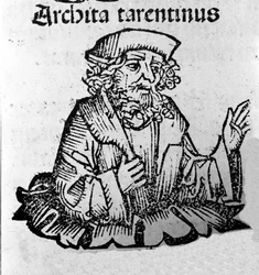 El filósofo griego Arquímedes de Tarento (435-347 a.C.), filósofo pitagórico, matemático, astrónomo. Xilografía de 