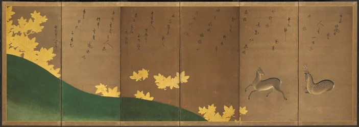 Ciervo con arces, c.1605-10 (biombo de seis paneles: tinta, color y oro sobre papel)