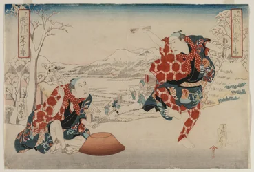 Ichikawa Norinosuke e Ichikawa Yonejuro como Morihachi y Yonehachi, finales de 1830 o principios de 1840
