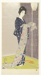 Mujer joven en un kimono de verano Natsu yosoi no musume (título sobre objeto)