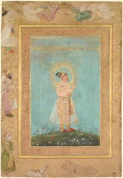 Shah Jahan sosteniendo un espinela y una larga espada de Deccan, del Álbum Tardío de Shah Jahan