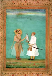 Emperador Shah Jahan y un cortesano anciano con un halcón, c.1650