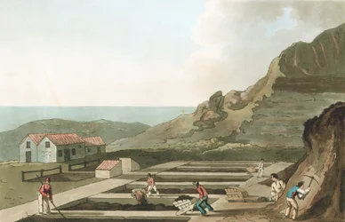 Vista general de una fábrica de alumbre en la zona de Whitby, Yorkshire, 1814