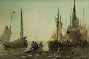 Descargando barcos de pesca en el muelle, Bretaña