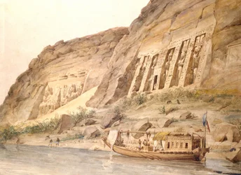 Abu Simbel visto desde el Nilo. Acuarela de Hector Horeau (1801-1872), arquitecto francés. El más cercano es el templo de Hathor. Más lejos, las estatuas de Ramsés II (que gobernó entre 1304 y 1273 a.C.) en el exterior del templo principal. Arqueología Cas