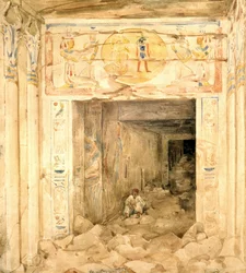 Interior en ruinas del templo de Esneh (Esne), Alto Egipto. Acuarela de Hector Horeau (1801-1872) Arquitecto francés.
