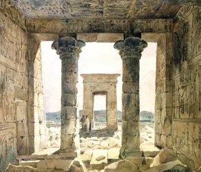 Ruinas del complejo de templos de Dendera: Vista entre dos columnas hacia la puerta (pilono). Acuarela de Hector Horeau (1801-1872), arquitecto francés.