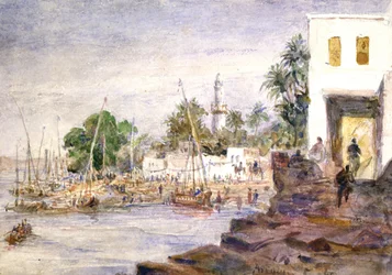 Vista de Asuán, Egipto". Acuarela de Hector Horeau (1801-1872), arquitecto francés. Vista del Nilo y los barcos desde la orilla, minarete al fondo.