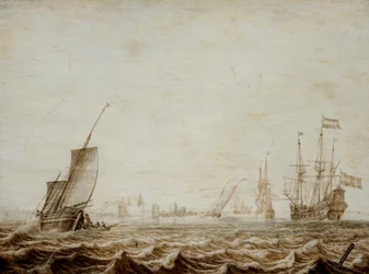 Un Wijdschip arriando velas en un mar agitado, mediados del siglo XVII (óleo sobre tabla)