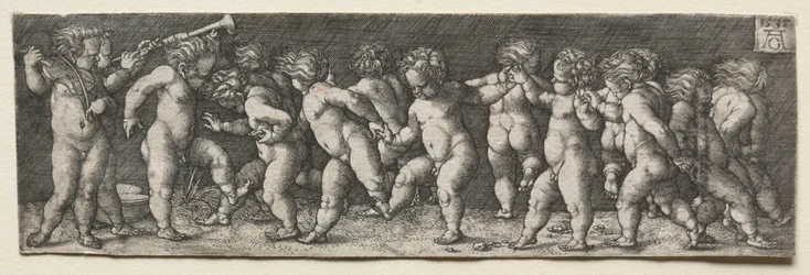 Quince niños desnudos bailando