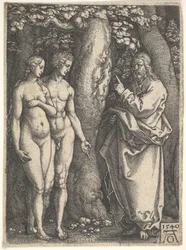 Dios a la derecha prohibiendo a Adán y Eva desnudos a la izquierda comer del árbol del conocimiento, 1540