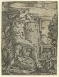 Hércules mata al dragón Ladon Trabajos de Hércules (título de la serie)