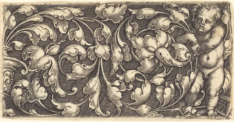 Infante Desnudo Sosteniendo un Doble Pergamino de Ornamento de Hojas