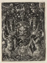 Diseño de ornamento con una máscara y un águila entre dos faunos abajo