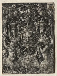 Diseño de ornamento con una máscara y un águila entre dos faunos abajo, 1509