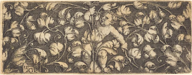 Ornamento con follaje y un niño en el centro, 1539