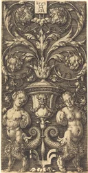 Ornamento con jarrón y dos figuras femeninas