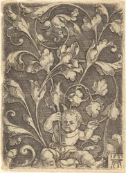 Ornamento de pergamino con niño sentado