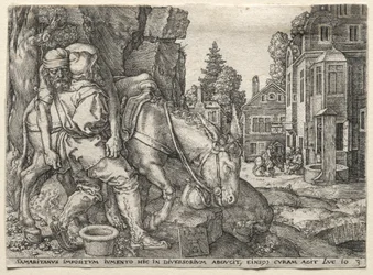La parábola del buen samaritano: El buen samaritano poniendo al viajero en su burro, 1554