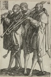 Tres trombonistas, lámina doce de Los grandes bailarines de bodas