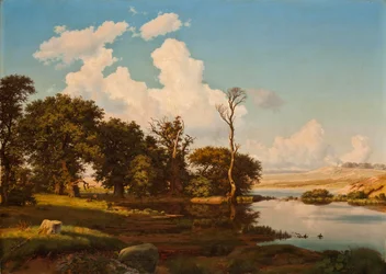 Danés: Paisaje danés, robles junto a un lago. Paisaje danés, robles junto a un lago.