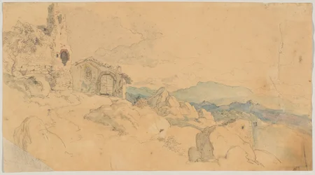 Paisaje de montaña con cabaña y ruinas.