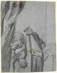 Estudio para un retrato de hombre, figura 3/4, mano derecha sosteniendo un guante, apoyada en el costado, mano izquierda apoyada en un bastón