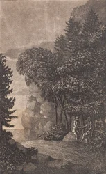 Paisaje con rocas y grandes árboles, a la derecha dos hombres