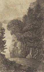 Paisaje con rocas y grandes árboles, a la derecha dos hombres