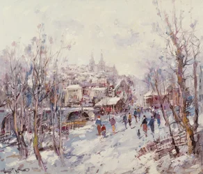 Escena de invierno en una ciudad catedralicia francesa
