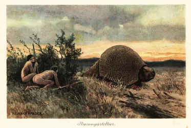 Hombres primitivos con lanzas cazando un gliptodonte.