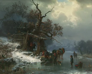 Paisaje de invierno con figuras en un río congelado