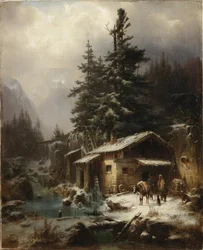 Paisaje invernal con figuras descansando cerca de un molino de agua