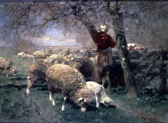 Una pastora y ovejas en un paisaje