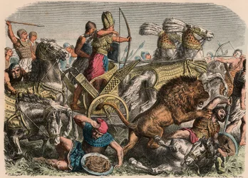 Antiguo Egipto: Faraón Ramsés II luchando contra los leones de guerra del ejército hitita en Qadesh, 1274 a.C., 1866