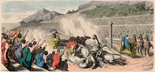 Grecia Antigua: Juegos Olímpicos - Carreras de carros de cuatro caballos en el Hipódromo