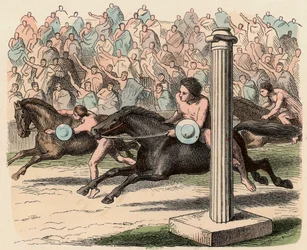Grecia Antigua: Deporte: Montar y desmontar de un caballo a velocidad