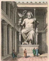 Grecia Antigua: Estatua de Zeus en el templo de Olimpia - Escultura de Fidias, c. 440/30 a.C. una de las Siete Maravillas del Mundo