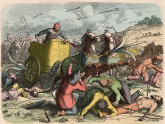 Antiguo Oriente, carro de guerra persa durante una batalla