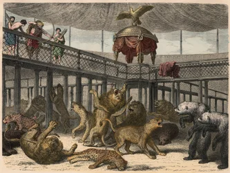 Roma antigua: Caza de bestias salvajes en el anfiteatro por el Emperador, 1866