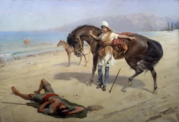 Amazonas (Amazonas). Una amazona descubre a un marinero dormido en la orilla. Pintura de Heinrich Genrich Matveyevich Maniser (1847-1925), óleo sobre lienzo. Arte ruso, siglo XX. Museo de Arte Regional M. Vrubel, Omsk (Rusia)