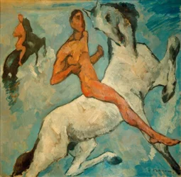 Jinete en el agua sobre fondo azul